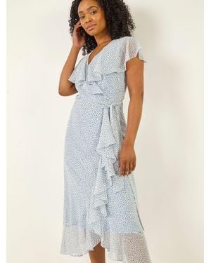 Roman Petite Ditsy Floral Frill Midi Dress - Blue