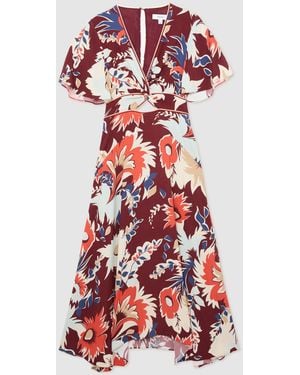 Reiss Asha Floral-Print Cut-Out Midi Dress - Red