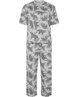 Yours Curve Leopard Wide Leg Pajamas Set - Gray