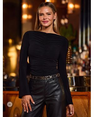 Sosandar Boat Neck Ruched Front Top - Blue