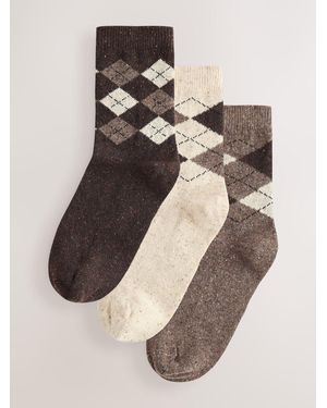 Next Neutral Argyle Pattern Thermal Wool Blend Ankle Socks 3 Pack - Natural
