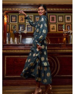Roman Frill Brocade Midi Dress - Blue
