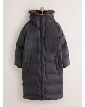 Next Charcoal Shower-Resistant Longline Padded Puffer Coat With Faux-Fur Collar - Gray