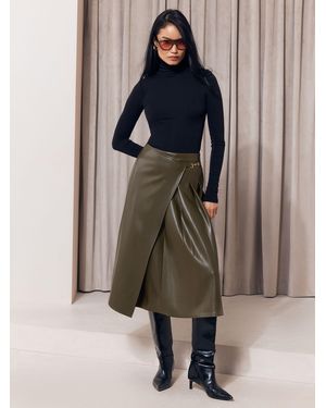 Lipsy Petite Faux Leather Trim Pleated Midi Skirt - Green