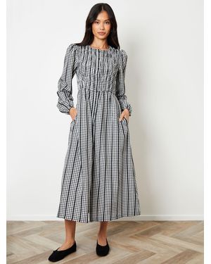 Threadbare Gingham Check Shirred Detail Midi Dress - Grey