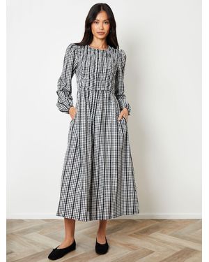 Threadbare Gingham Check Shirred Detail Midi Dress - Gray