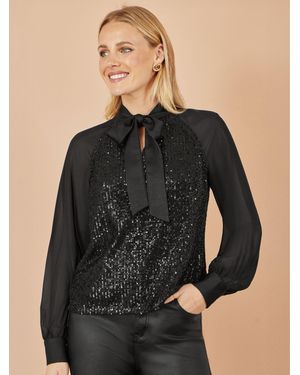 Yumi' Sequin Pussy Bow Top - Black