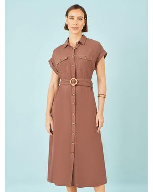 Yumi' Viscose Linen Look Midi Shirt Dress With Wooden Belt - Blue