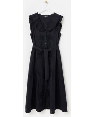 Oliver Bonas Floral Embroidered Frill Collar Tiered Midi Dress - Black