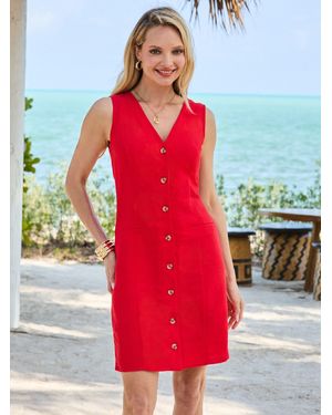 Sosandar Linen Blend Button Front Shift Dress - Red