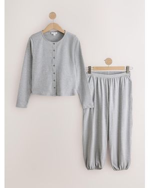 Next Jersey Balloon Leg Button Through Long Sleeve Pajamas - Gray