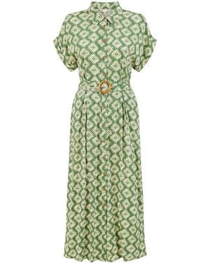 Yumi' Viscose Midi Shirt Dress With Matching Belt - Green