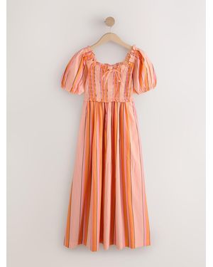 Next Puff Sleeve Shirred Midi Dress - Orange
