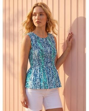 Roman Abstract Print Shirred Top - Blue