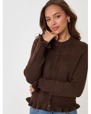 Threadbare Chocolate Crew Neck Ruffle Cardigan - Brown
