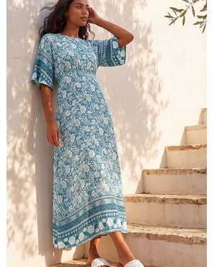 Roman Floral Border Print Midi Dress - Blue