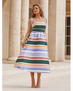 Lipsy Satin Stripe Fit And Flare Strappy Prom Midi Dress - Natural