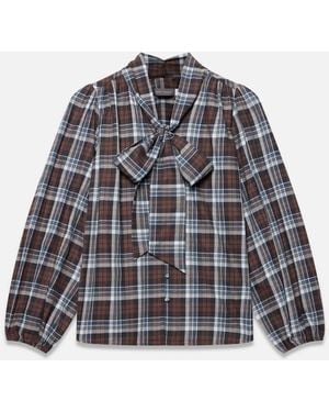 Mint Velvet Checked Cotton Tie Neck Blouse - Gray
