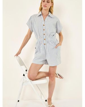 Roman Stripe Print Front Pocket Playsuit - White