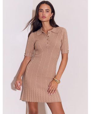 Lipsy Camel Knitted Polo Collar Mini Dress - Natural