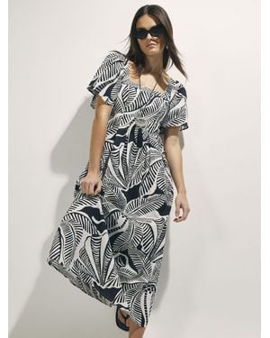 River Island Palm Print Linen Blend Shirred Midi Dress - White