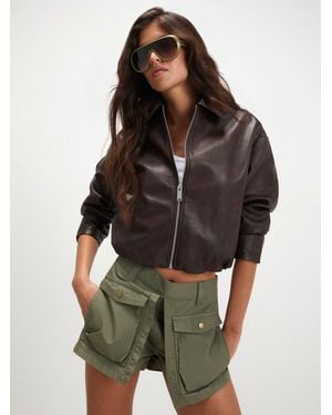 River Island Washed Faux Leather Bomber Jacket - Brown