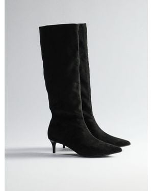 The Set Kitten Heel Knee High Sock Boots Faux Suede - Black