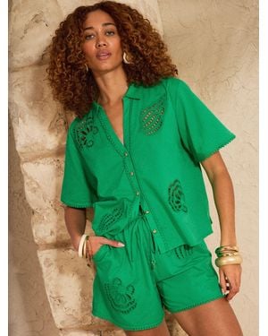Love & Roses Shell Cutwork Beach Shirt - Green