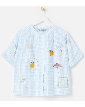 Oliver Bonas Light Gingham Embroidered Short Sleeve Shirt - Blue