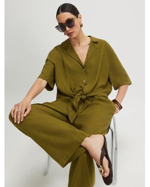River Island Short Sleeve Tie Front Linen Blend Shirt - Green