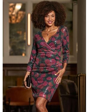 Sosandar Floral Print Sequin Ruffle Detail Mini Dress - Brown