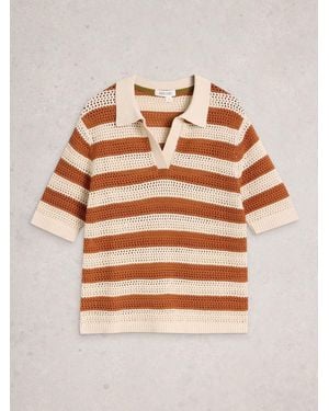 White Stuff Cooper Knitted Stripe Polo Shirt - Natural
