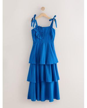 Next Linen Rich Square Neck Corsage Maxi Occasion Dress - Blue