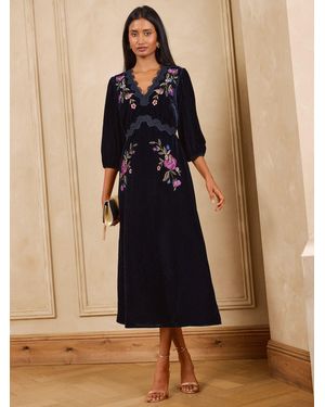 Love & Roses Floral Embroidered Lace Detail Velvet Midi Dress - Blue