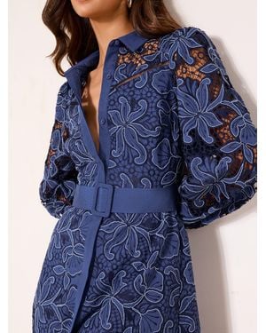 Lipsy Premium Belted Puff Sleeve Embroidery Shirt Midi Dress - Blue