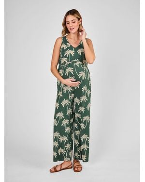 Jojo Maman Bébé Maternity Palm Print Wide Leg Jersey Jumpsuit - Green