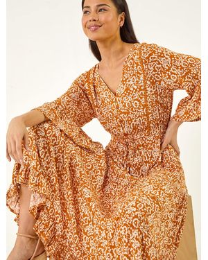 Roman Petite Abstract Print V-Neck Midi Dress - Orange