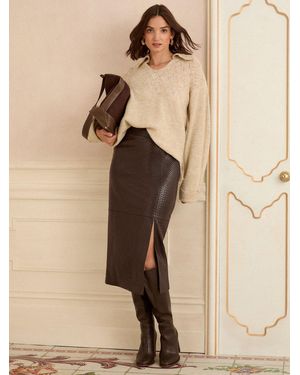 Love & Roses Faux Leather Slit Midi Skirt - Natural