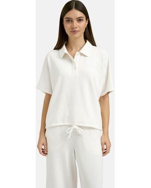 Smith & Soul Oversize Scuba Polo Shirt With Floral Beaded Sleeve Detail - White