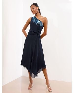 Lipsy Embellished Feather Trim One Shoulder Fit And Flare Midi Dress - Blue