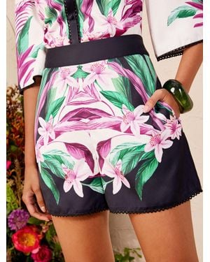 Love & Roses V & A Placement Print Satin Shorts - Black