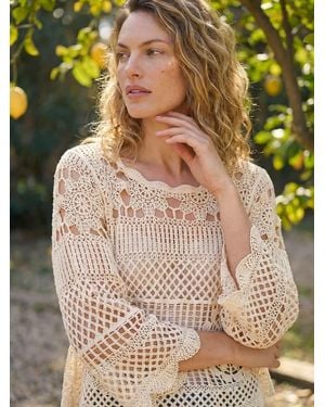 Roman Crochet Knit Flared Sleeve Top - Natural