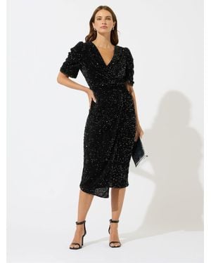 M Com Sequin Velvet Wrap Dress - Black