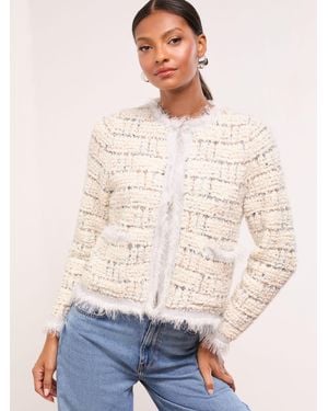 Lipsy Boucle Fringe Trim V-Neck Knit Cardigan - Natural