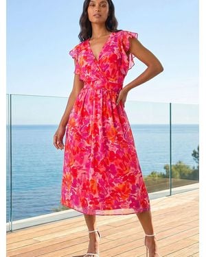 Roman Floral Bias Midi Dress - Red