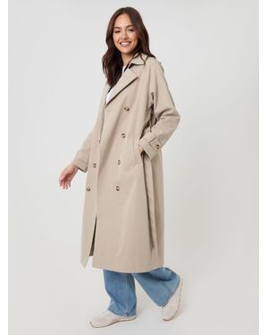 Threadbare Stone Double Breasted Longline Trench Coat - Natural