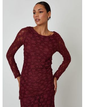 Threadbare Long Sleeve Asymmetric Lace Slash Neck Top - Red