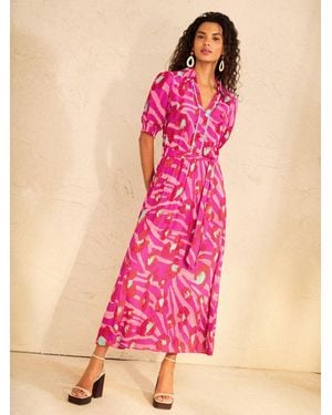 Love & Roses Ric Rac Trim Short Sleeve Shirt Midi Dress - Pink