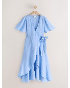 Next 100% Linen Wrap Midi Dress - Blue