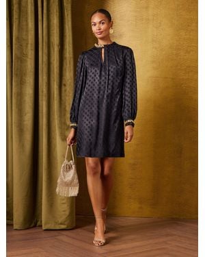 Love & Roses Satin Jacquard Embellished Neck Mini Shift Dress - Black